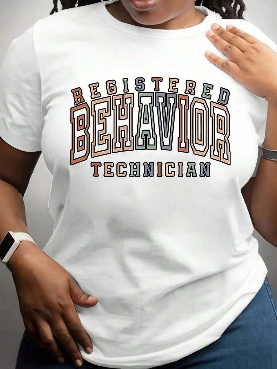 100% algodón, Camiseta de mujer, Camiseta de talla grande para mujer, Camiseta con estampado gráfico de texto vintage negro "Behavioral Technician Certified" para mujer, Ropa de trabajo informal, Atuendo de oficina, Estilo diario - Blanco - Ver 1
