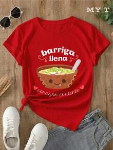 MYAZUL T 1PC Camiseta de Algodón Suave para Mujer con Diseño de Tazón de Sopa de Corazón Feliz y Vientre Lleno, Regalo Lindo para Amantes de la Comida, Ideal para San Valentín, Día de la Madre, Moda Cómoda y Casual, Perfecta para Todas las Estaciones, Tallas S M L XL - Negro - Ver 6