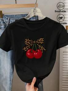 Camiseta de manga corta con estampado de leopardo y lazo con estampado de cerezas para mujer, estilo elegante, adecuada para primavera, verano y otoño, para ir a la moda al trabajo, de vacaciones y para uso diario, top de estilo vintage elegante e informal, disponible en tallas S-XXL - Negro - Ver 6
