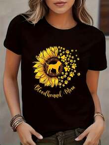 Camiseta casual de manga corta para mujer, con un divertido diseño de perros y girasoles, y la frase Mamá de Bloodhound impresa en ella. Esta camiseta de cuello redondo lavable aáquina, perfecta para usar en primavera y verano, y una opción para amantes de los animales. - Negro - Ver 1