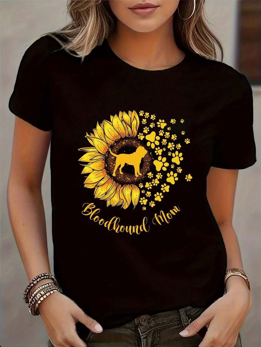 Camiseta casual de manga corta para mujer, con un divertido diseño de perros y girasoles, y la frase Mamá de Bloodhound impresa en ella. Esta camiseta de cuello redondo lavable aáquina, perfecta para usar en primavera y verano, y una opción para amantes de los animales. - Negro - Ver 1