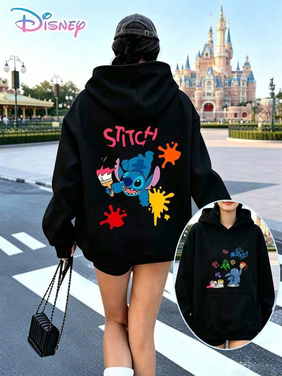 Disney Lilo & Stitch Y2K Print Sweatshirt. Colorful Graffiti Stitch Print, Loose Fit, Casual And Versatile, Perfect For Holiday Gifts. (Women's Autumn/Winter Clothing/Elegant Women's Outfits/Patterned Hoodies/Printed Tops/Casual Outfits For Women/Women Trending Now/Holiday Co-Ord/Plus Size Friendly) - 黑色 - 查看 1