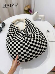 ENBEI 2026 Nova Bolsa de Praia Xadrez Primavera/Verão, Alça de Ombro Trançada à Mão, Bolsa Tote Grande em Crochê, Dobrável, Bolsa Feminina Elegante com Detalhes Vazados, Essencial para Passeios, Ideal para Encontros, Passeios, Compras, Férias, Cruzeiros, Presente Perfeito para o Dia das Mães, Dia dos Namorados, Dia dos Professores - Multicolorido - Ver 7