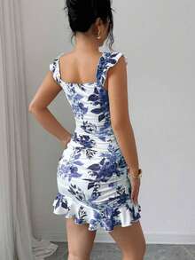 Nuevo 2026  Vestido ajustado de línea A con volantes y estampado de teñido anudado vintage, vestido elegante y sexy con volantes en la cintura al estilo francés, adecuado para citas, vacacio - Gris hierro - Ver 2