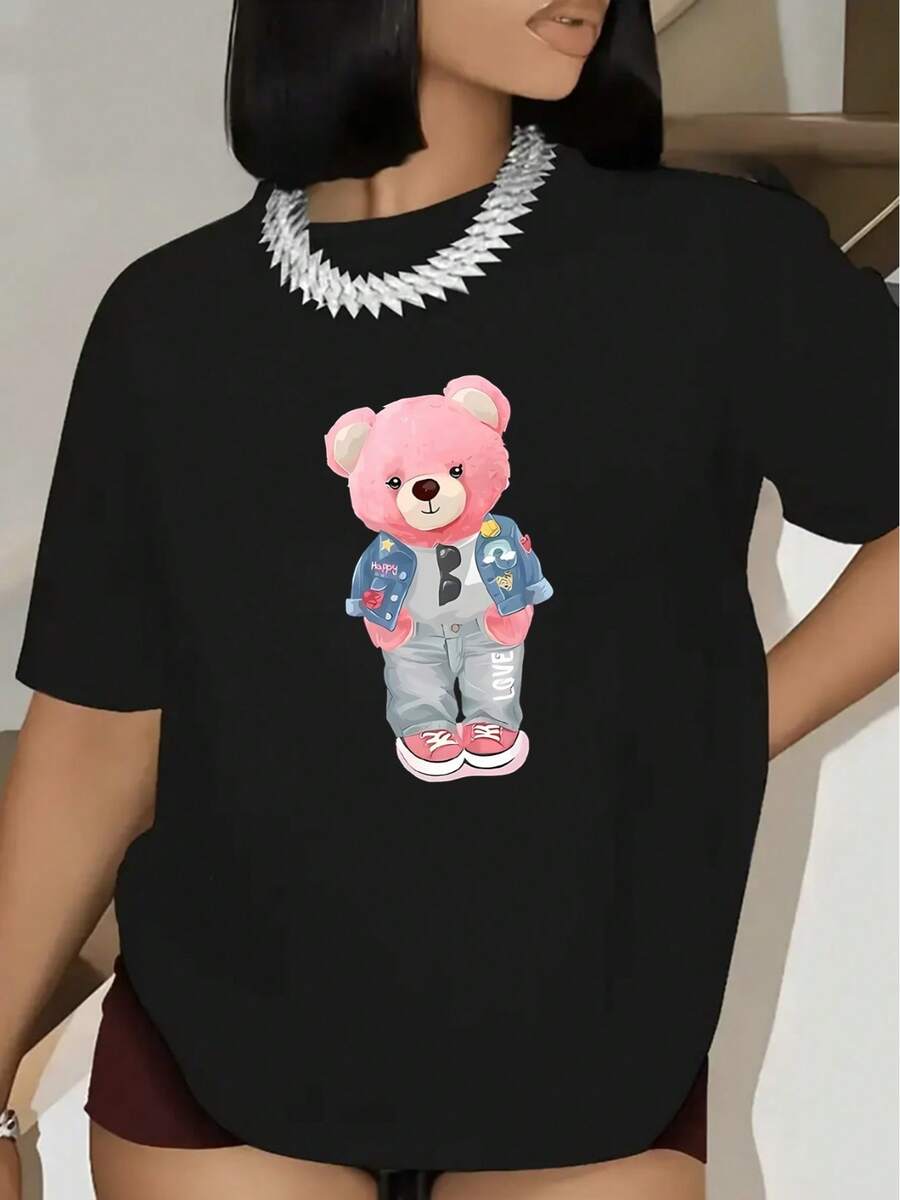 This Women's Casual Short-Sleeved T-Shirt Features A Cute Pink Bear Design. It's Lightweight And Comfortable, Perfect For Lounging At Home Or Casual Outings. A Comfortable Black Version Is Also Available. - 黑色 - 查看 1