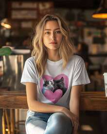 Women's T-Shirts, Cotton T-Shirt With Heart Print, Couple Of Cats, Cute Animal, Round Neck, Short Sleeve, Casual Style, Loose Fit, Black, Size M - 白色 - 查看 4