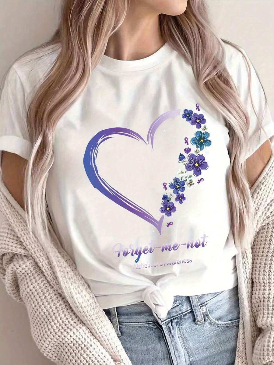 Women's Short-Sleeved T-Shirt With A Round Neck And Heart Print, European And American Style, Sporty Pullover Style. EJGJ - 白色 - 查看 1