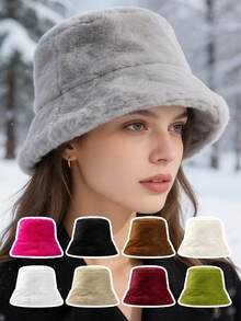 1pc Milky White Faux Rabbit Fur Soft Bucket Hat, Fluffy Thick Warm Material Keeps You Cozy, Puffed Design Flatters Face, Versatile Solid Color Suitable For Various Autumn/Winter Outfits, Effortlessly Creates Soft, Relaxed Korean-Style Winter Look, Essential Warm & Stylish Accessory - Fisherman's Hat - View 2