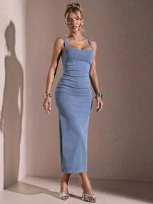 Vestido casual de verano de mezclilla sin mangas y ajustado para mujer - Lavado ligero - Ver 5