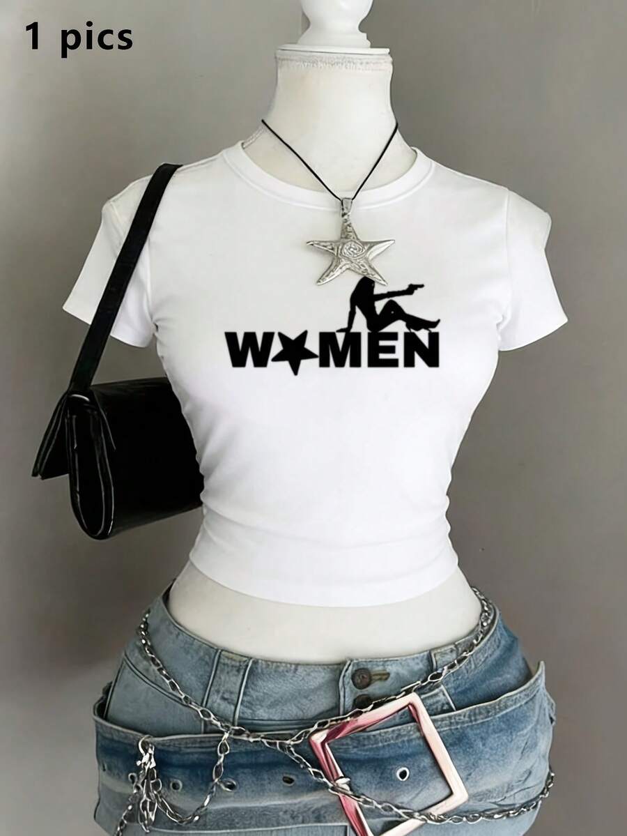 Camiseta de manga corta para mujer, estilo personalizado, con estampado de silueta femenina, corte ajustado, diseño único que estiliza la figura, que expresa el poder femenino, adecuada para reuniones de amigas, atuendo para inspirarse a sí misma, la última camiseta de primavera/verano para mujer, camisa elegante para fiestas. - Negro - Ver 1
