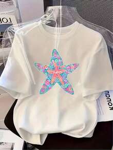 Camiseta de manga corta para mujer 100% algodón - Estilo marino con estampado de estrellas de mar, cuello redondo, suave y elástica, ropa casual de verano para la playa, adecuada para primavera y otoño (patrón de estrellas de mar, no estampado en la tela). Ideal para vacaciones y uso informal - Lavable a máquina, ajuste elástico, camiseta de algodón transpirable. - Blanco - Ver 1