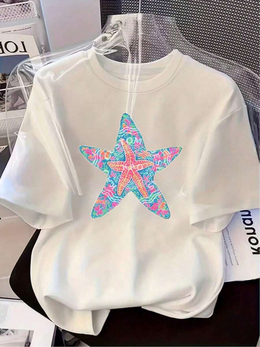Camiseta de manga corta para mujer 100% algodón - Estilo marino con estampado de estrellas de mar, cuello redondo, suave y elástica, ropa casual de verano para la playa, adecuada para primavera y otoño (patrón de estrellas de mar, no estampado en la tela). Ideal para vacaciones y uso informal - Lavable a máquina, ajuste elástico, camiseta de algodón transpirable. - Blanco - Ver 1