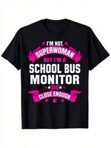 Camiseta casual para mujer, una blusa de manga corta para actividades cotidianas, con un estampado divertido de un eslogan de monitor de autobús escolar, adecuada para usar en vacaciones. - Negro - Ver 1