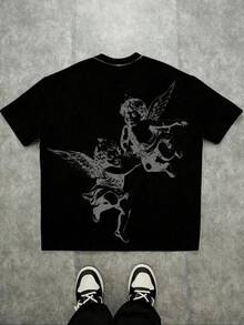 Playera con Eslogan de Ángel y Libertad - Ropa de Calle de Alta !Estampado de Ángel Vintage + Texto Motivacional, Lavado en Negro & Corte Oversized para Estilo Urbano y Cool.Top de Estatamento Moderno. - Negro - Ver 6