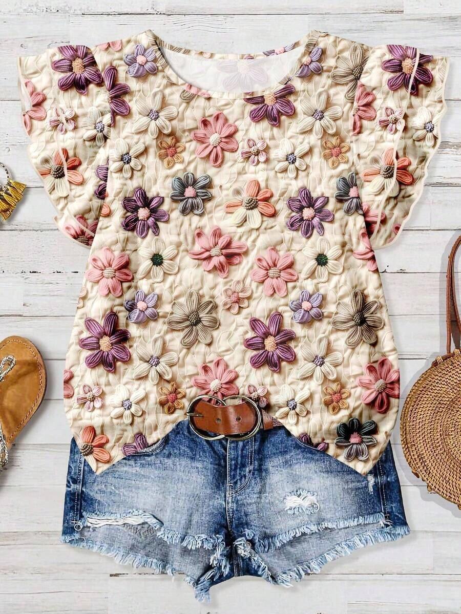 Camisa ajustada de mujer con cuello redondo y mangas cortas, con estampado floral casual, adecuada para primavera/verano - Multicolor - Ver 1