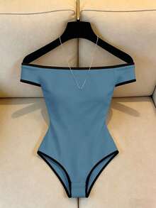 Nuevo body de mujer de hombros descubiertos de moda, minimalista y versátil, top blanco, body blanco, ajustado, adecuado para ir al trabajo, con encanto intelectual, atuendo de verano, ropa de primavera, playa, cumpleaños, vestido de cumpleaños, - Azul - Ver 6