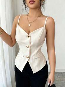 Nueva camiseta sin mangas casual con cuello en V, tirantes finos y decoración de botones para mujeres - Caqui - Ver 6