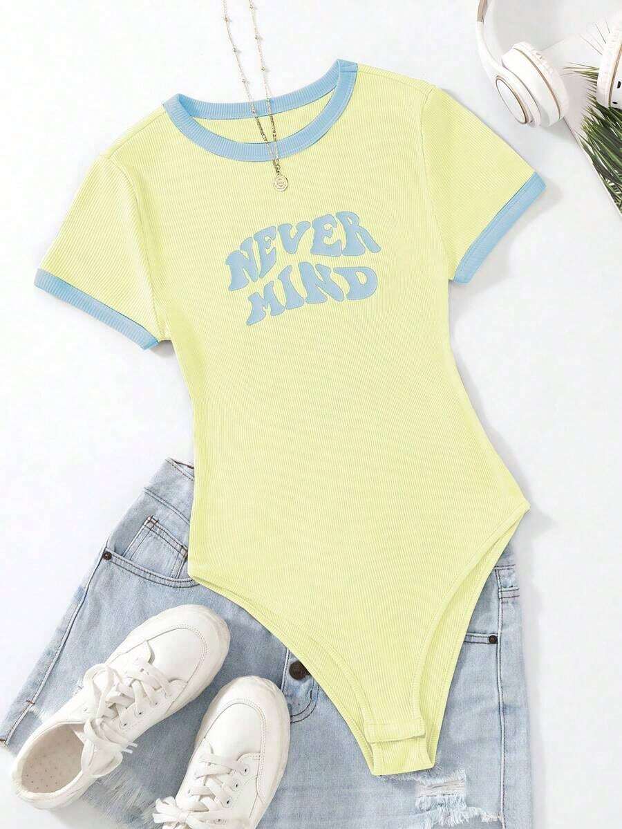 Body de mujer Canalé Ribete en contraste Frase Casual - Multicolor - Ver 1