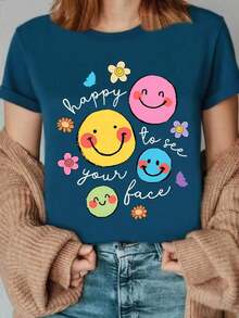 Funny Cartoon Face Print T-Shirt, Summer 2026 Novelty, Back To School Teacher T-Shirt, "It's A Pleasure To See You" T-Shirt, Teacher Life T-Shirt, Teacher Appreciation Gift, Teacher's Day Gift, Urban Retro T-Shirt For Everyday Wear. - 海藍 - 查看 7