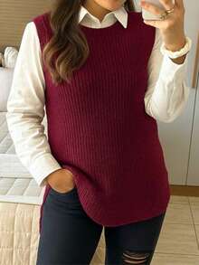 Women Burgundy Knitted Mulet Vest Side Slit Pullover Fashion Luxury Simple Casual Wool Knitted Evening Holiday Daily Fall/Winter WM Knitwear - 紫紅色 - 查看 3