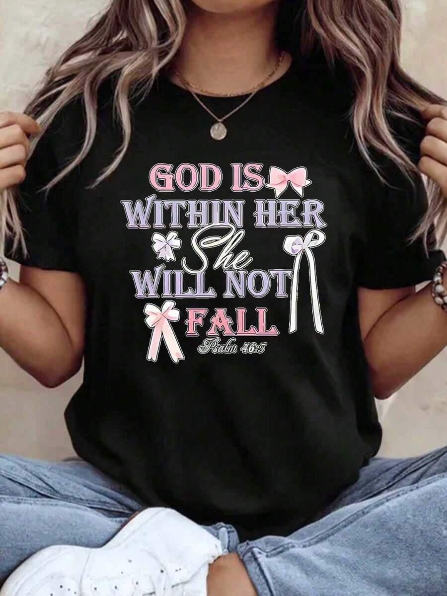 Soft, Breathable, And Lightweight For All-Day Comfort. Women's Short-Sleeve T-Shirt With A Bible Verse Print: "God Is Within Her, She Will Not Fall." Casual, Loose-Fitting T-Shirt For Everyday Wear. Comfortable Fabric, Perfect As A Gift. 220g. Classic Crew Neck With A Relaxed Fit That Flatters All Body Shapes And Is Easy To Pair With Jeans, Shorts, And Leggings. - 白色 - 查看 1