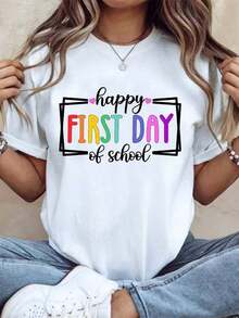 Suave, transpirable y ligera para comodidad durante todo el día. Camiseta de manga corta para mujer con estampado de "Feliz Primer Día de Clases", top casual para la vuelta al cole, con tela - Blanco - Ver 12