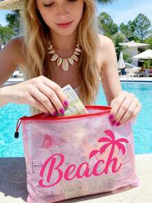 多色防水時尚網格海灘包，印有「Beach」椰子樹遮陽傘圖案的化妝包，海灘主題，大容量透明化妝包，附尼龍拉鍊盥洗包 - 輕巧，可存放防曬霜、零食、比基尼和海灘必需品。春/夏收納，耐用 - 彩色 - 查看 3
