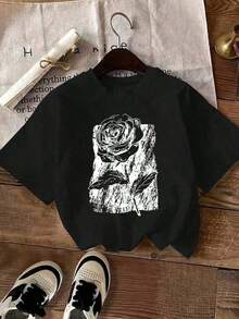 Short-Sleeve Letter Print T-Shirt, Casual Round Neck Short-Sleeve T-Shirt, Women's T-Shirts For Valentine's Day, Simple Graphic Print Summer Tops, Casual Mother's Day Gift. Suitable For Spring, Summer, And Autumn. - 黑色 - 查看 6