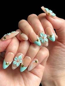 10 piezas de uñas acrílicas con forma de almendra hechas a mano, con base de color rosa nude, puntas francesas de color verde menta, con tallado floral 3D, minimalista y lindo, adecuado para niñas y mujeres para uso diario, vacaciones, boda y decoración de uñas escolares. Incluye pegamento y lima de uñas. - Multicolor - Ver 4