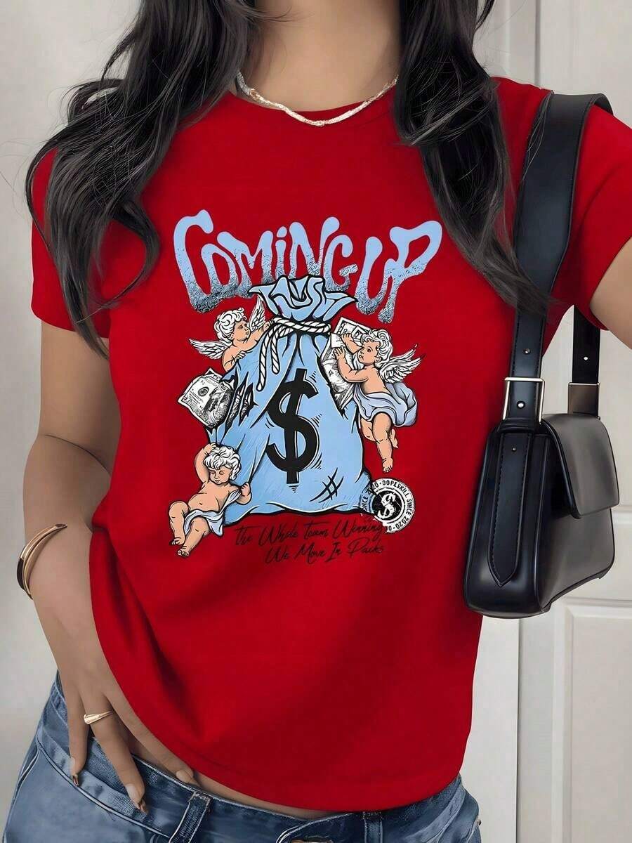 Camiseta con Estampado Gráfico de Ángel con Bolsa de Dinero, 180g, 1 Pieza, Lema Motivacional, Camiseta Casual para Mujer, 100% Algodón, Moda Urbana - Rojo - Ver 1