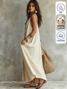Vestido casual de unicolor para mujer para vacaciones de verano - Negro - Ver 2