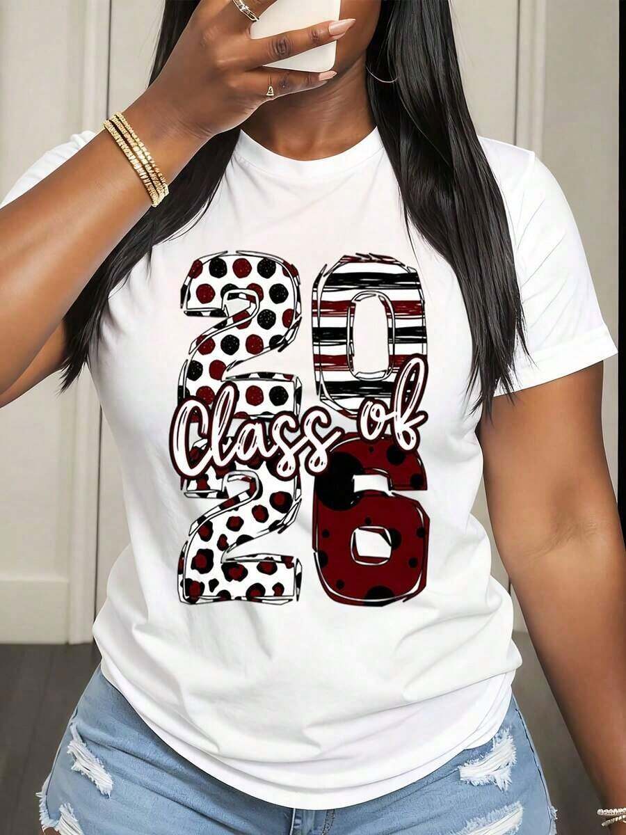 Camiseta de Mujer Clase de 2026 con Diseño de Lunares y Rayas para Fiesta de Graduación, Ropa Casual de Verano - Blanco - Ver 1
