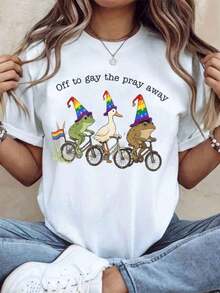 1 pieza Camiseta Pride con diseño de rana, pato y sapo montando en bicicleta, con el texto "Off To Gay The Pray Away Rainbow Hat", para mujeres, hombres, unisex, estilo casual, camiseta de moda LGBTQ, 180g, 100% algodón. - Blanco - Ver 8