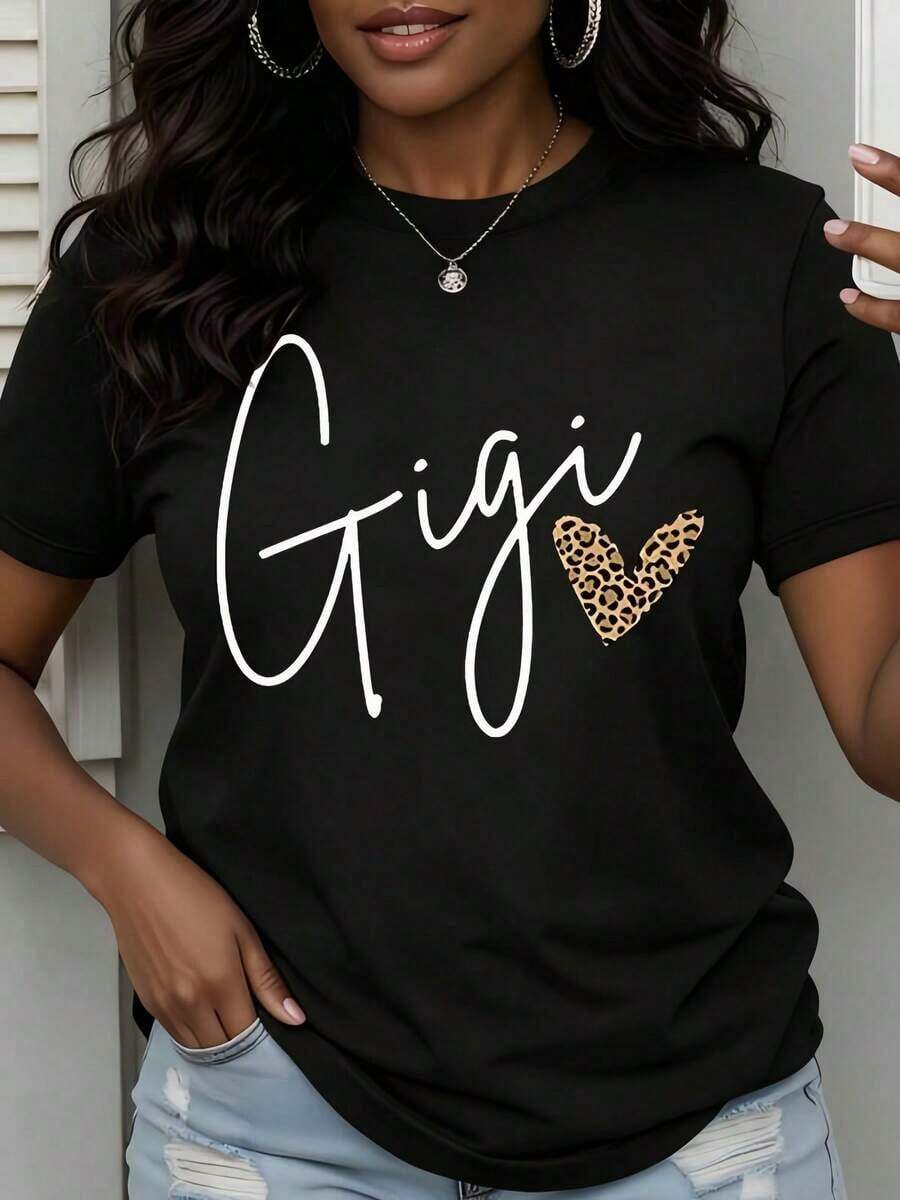 1 pieza Camiseta negra con estampado de corazón de leopardo Gigi para mujer, cuello redondo, camiseta casual de algodón, tela de elasticidad media, corte regular para damas, para primavera/verano/otoño, 180g, 100% algodón. - Negro - Ver 1