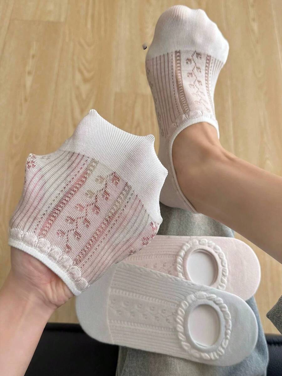 5双装女士白色粉色春夏韩版心形花卉图案浅口薄筒船袜,轻薄舒适隐形短袜荷叶边袜(不含硬纸板) - 彩色 - 查看 1