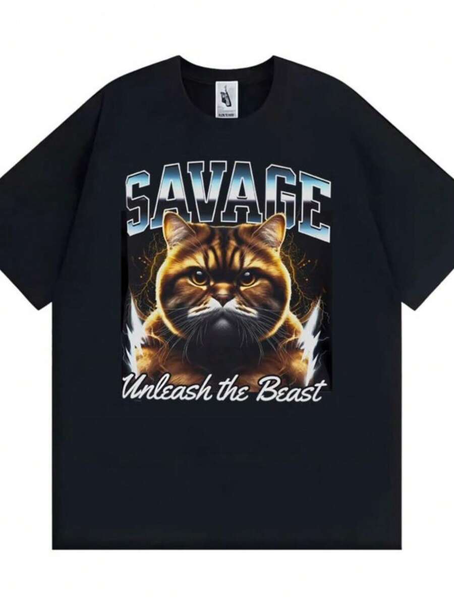 Women's Blouses Savages Cat Graphic Funny Vintage 90s T-Shirts Men Women Fashion Classic Oversized T Shirt Casual Short Sleeve T-Shirt Streetwear - 黑色 - 查看 1