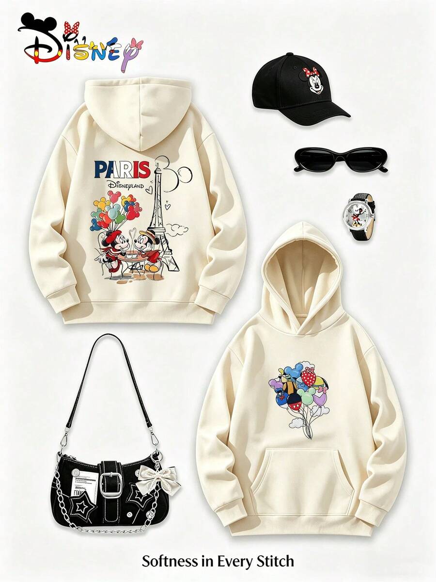 Disney Paris Collection Y2K Printed Sweatshirt "PARIS DISNEYLAND" A Fun, Loose-Fitting Top With A Casual Print, Perfect For A Versatile Holiday Gift. (Women's Autumn/Winter Clothing/Elegant Women's Outfits/Patterned Hoodies/Printed Tops/Casual Outfits For Women/Women Trending Now/Holiday Co-Ord/Plus Size Friendly) - Màu be - Xem 1