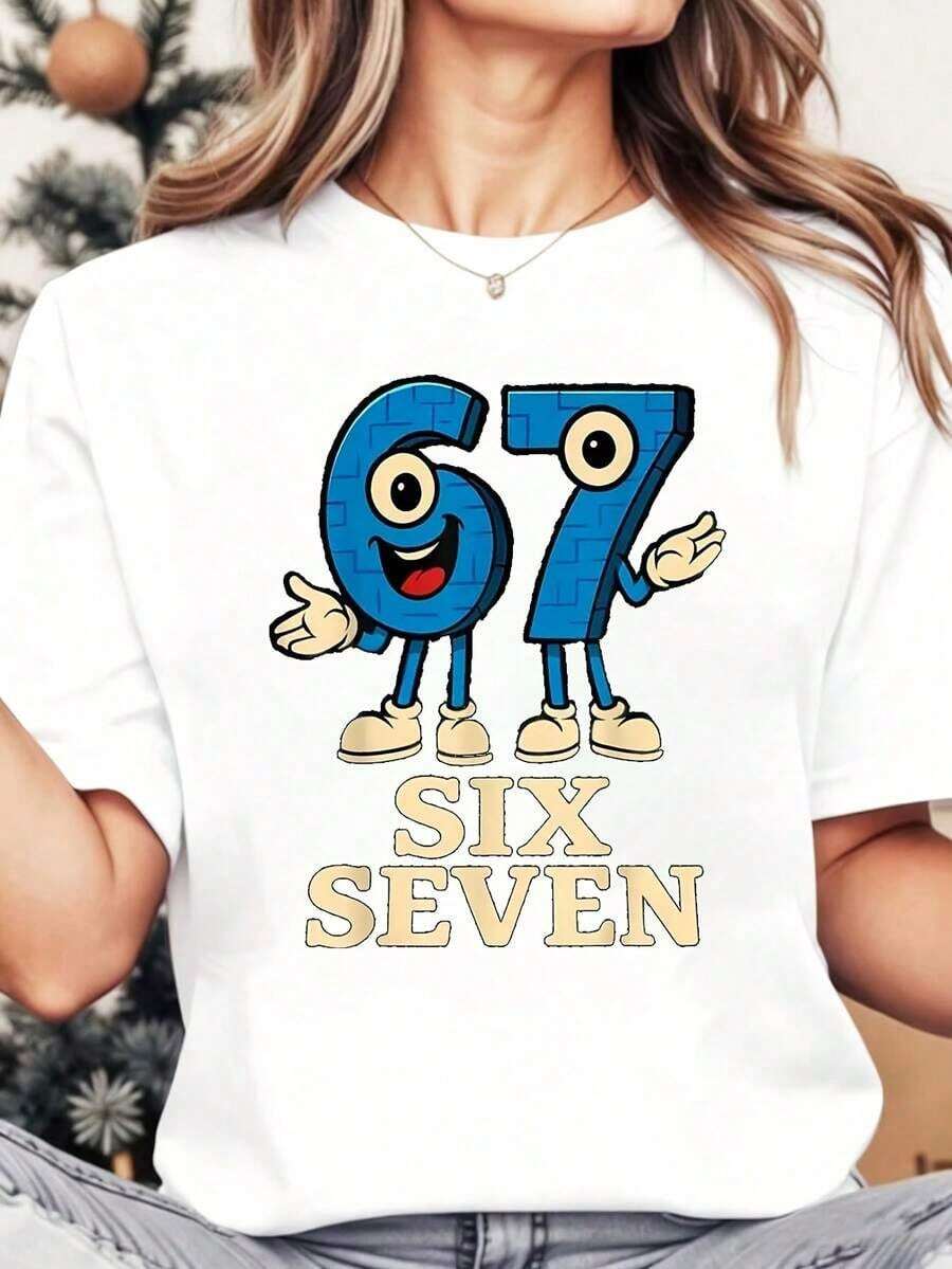 Women's Crew Neck T-Shirt, Number 67, Cartoon Character Print Six Seven, Short Sleeve, Casual, For Everyday Summer Wear. Suitable As A Gift. Women's T-Shirt. Blouses>Elegant. Boho Chic. Soft, Breathable, And Comfortable Women's Top, Ideal For Spring, Summer, And Autumn, Perfect For Vacations, Travel, And Everyday Wear. - 白色 - 查看 1