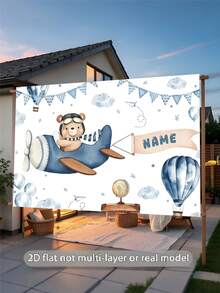 Customizable Pilot Bear Theme Banner Background, Blue Flag Paper Plane Star Globe Hot Air Balloon Decor Design, Suitable For Baby Shower, Birthday Party Backdrop, Photography Props, Vinyl - Blue - View 5