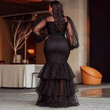 Vestido de lunares con efecto de felpa y estilo sexy de talla grande - Negro - Ver 4