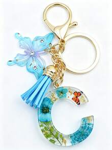 1pc Initial Letter Dried Flower Resin Keychain, Blue Daisy Pendant Keyring, Girl Bag Charm Accessory Gift - Baby Blue - View 5