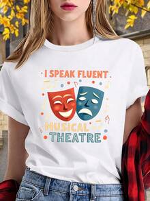 Women's Casual Crew Neck T-Shirt With Musical Theme: Featuring Comical And Tragic Theatrical Mask Designs And The Slogan "I Know Musicals," This Casual Crew Neck T-Shirt Is Perfect For Theater Staff, Actors, Singers, And Stagehands. (Women's Casual Blouses) - 白色 - 查看 1