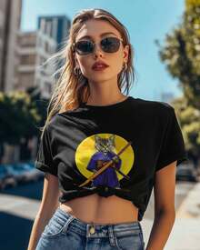 Camisetas para Mujer de Manga Corta, Algodón, Cuello Redondo, Camisetas con Estampado de Animales de Dibujos Animados, Gato, Samurai, Camisetas Básicas Casuales, Tallas XS-5XL, Negro XS - Negro - Ver 4