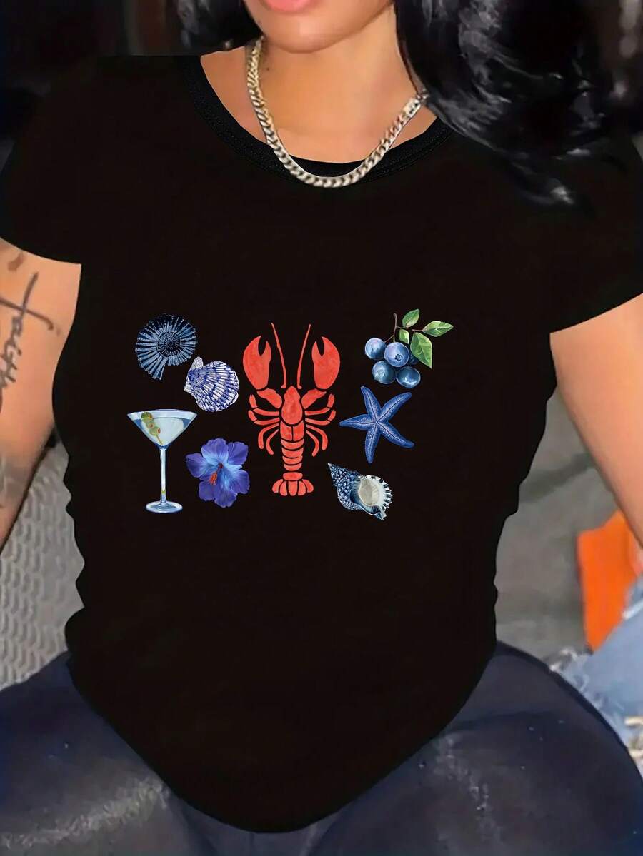 Camiseta Casual de Manga Corta para Mujer de Primera Calidad - Top de cuello redondo con estampado geométrico brillante, tela elástica de algodón transpirable, lavable a máquina, camiseta de estilo urbano para primavera/verano, camiseta para mujer, esencial para la playa, tela elástica, ropa de temporada, diseño elegante, textura suave, top estampado, para entusiastas de la moda, ecológica. - Negro - Ver 1