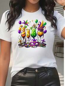 Camiseta Festiva de Mardi Gras para Mujer con Diseño de Cócteles Coloridos y Máscaras para la Temporada de Fiestas, Regalo Perfecto para Amigas y Familiares, 220gblusa casual mujer - Blanco - Ver 1