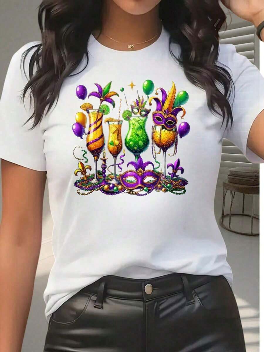 Camiseta Festiva de Mardi Gras para Mujer con Diseño de Cócteles Coloridos y Máscaras para la Temporada de Fiestas, Regalo Perfecto para Amigas y Familiares, 220gblusa casual mujer - Blanco - Ver 1