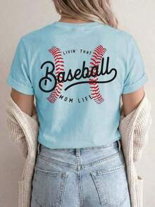 Summer T-Shirts [Double-Sided Print] Women's Short-Sleeve Crew Neck T-Shirt, Casual Style, With Baseball Stitching And The Text "LIVIN' THAT MOM LIFE", Machine Washable, Suitable For Casual Wear, Multipurpose Clothing, Fashionable T-Shirt, Comfortable Material, For Style Enthusiasts, Loose And Comfortable For Summer. - 藍色 - 查看 2