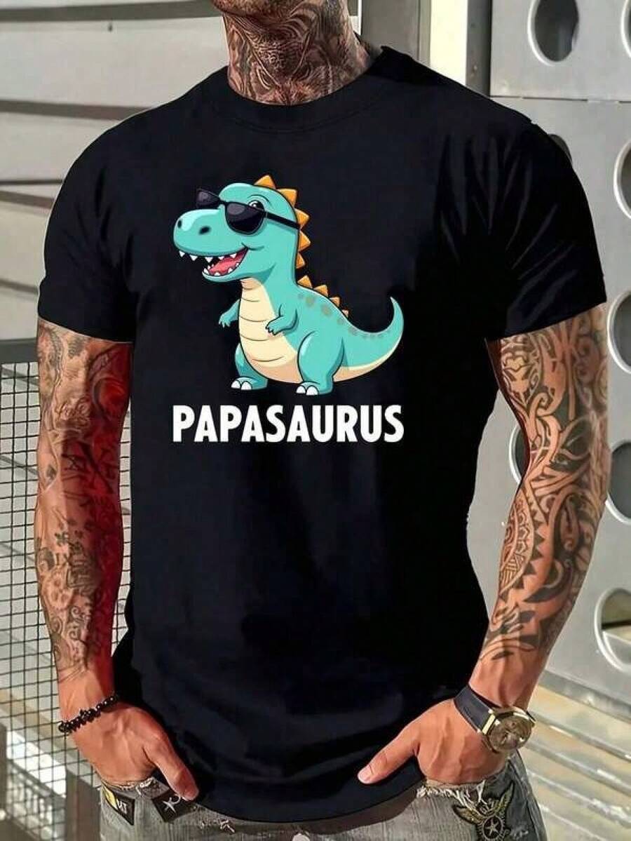 Camiseta de 100% algodón para hombres - Camiseta casual de cuello redondo clásico de manga corta. Camiseta de manga corta negra con dinosaurio de dibujo animado con gafas de sol y la palabra "PAPASAURUS" - Negro - Ver 1