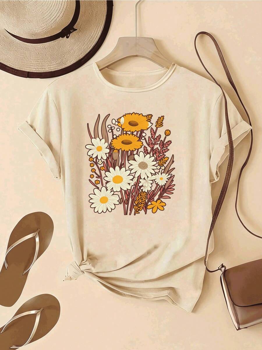Women's T-Shirt, 100% Pure Cotton, Bohemian Style, With Artistic Floral Print, Casual, Basic, Short Sleeve, Fashionable. Women's T-Shirt With Vintage Bohemian Pattern, 100% Cotton, Soft, Breathable, Round Neck, Short Sleeve, Urban Boho Style. - 杏色 - 查看 1