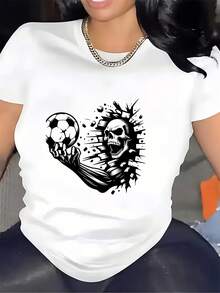Camiseta de Terror con Diseño de Calavera Jugando Fútbol (180g) - Exclusiva para el Equipo S, ideal para regalos de Halloween y reuniones familiares - Camiseta unisex, suave, cómoda y elegante de manga corta. - Blanco - Ver 1
